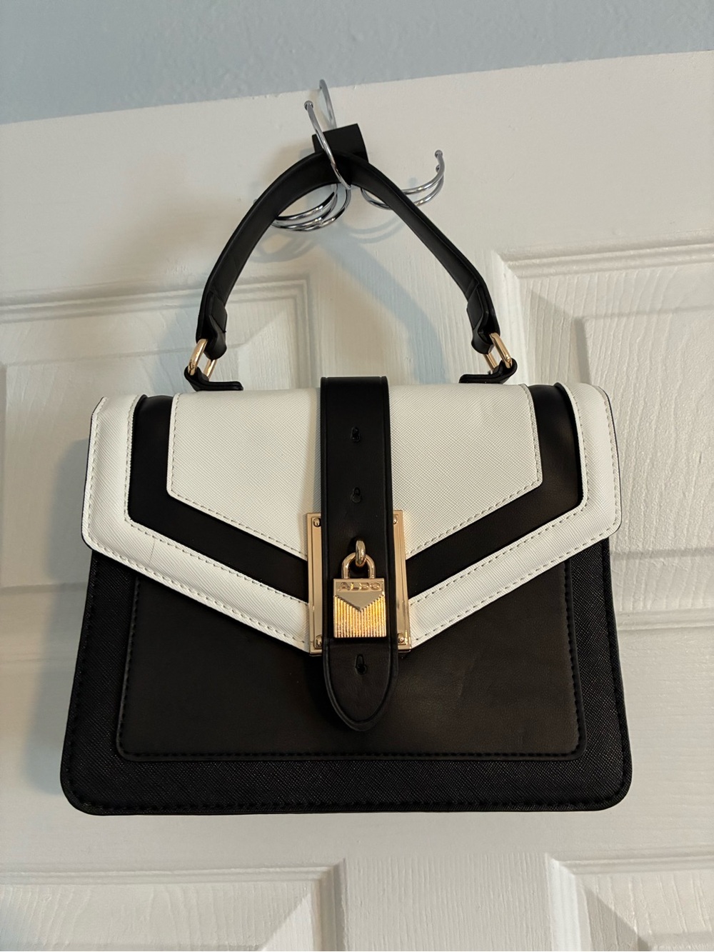 Aldo Black and White Top-Handle Satchel with Gold Lock
